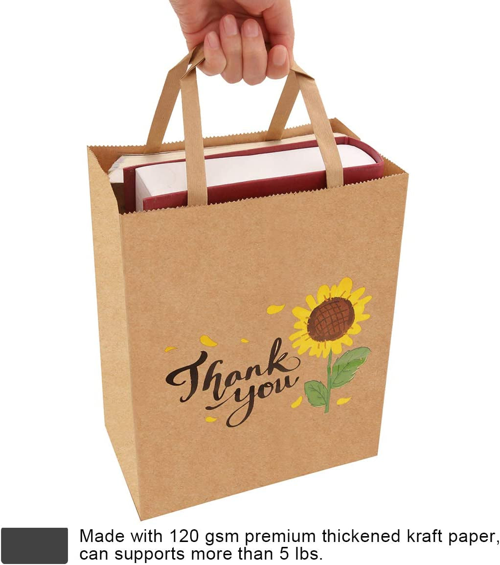 50Pcs 10X8X4.7 Thank You Gift Bags Bulk, Thank You Bags for Business Small, Sunflower Paper Gift Bags with Handles Bulk, Thank You Paper Bags with Handles Bulk, Small Gift Bags Retail Bags (B)