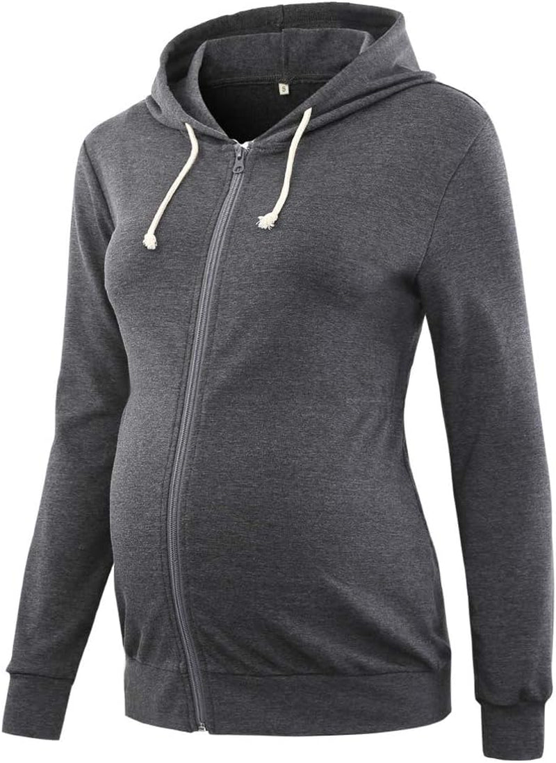 Maternity Zip up Hoodie Long Sleeve Cinched-Waist Sweatshirt Maternity Jackets for Women(Charcoal,L)