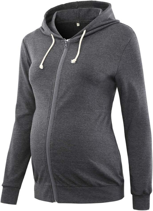 Maternity Zip up Hoodie Long Sleeve Cinched-Waist Sweatshirt Maternity Jackets for Women(Charcoal,L)