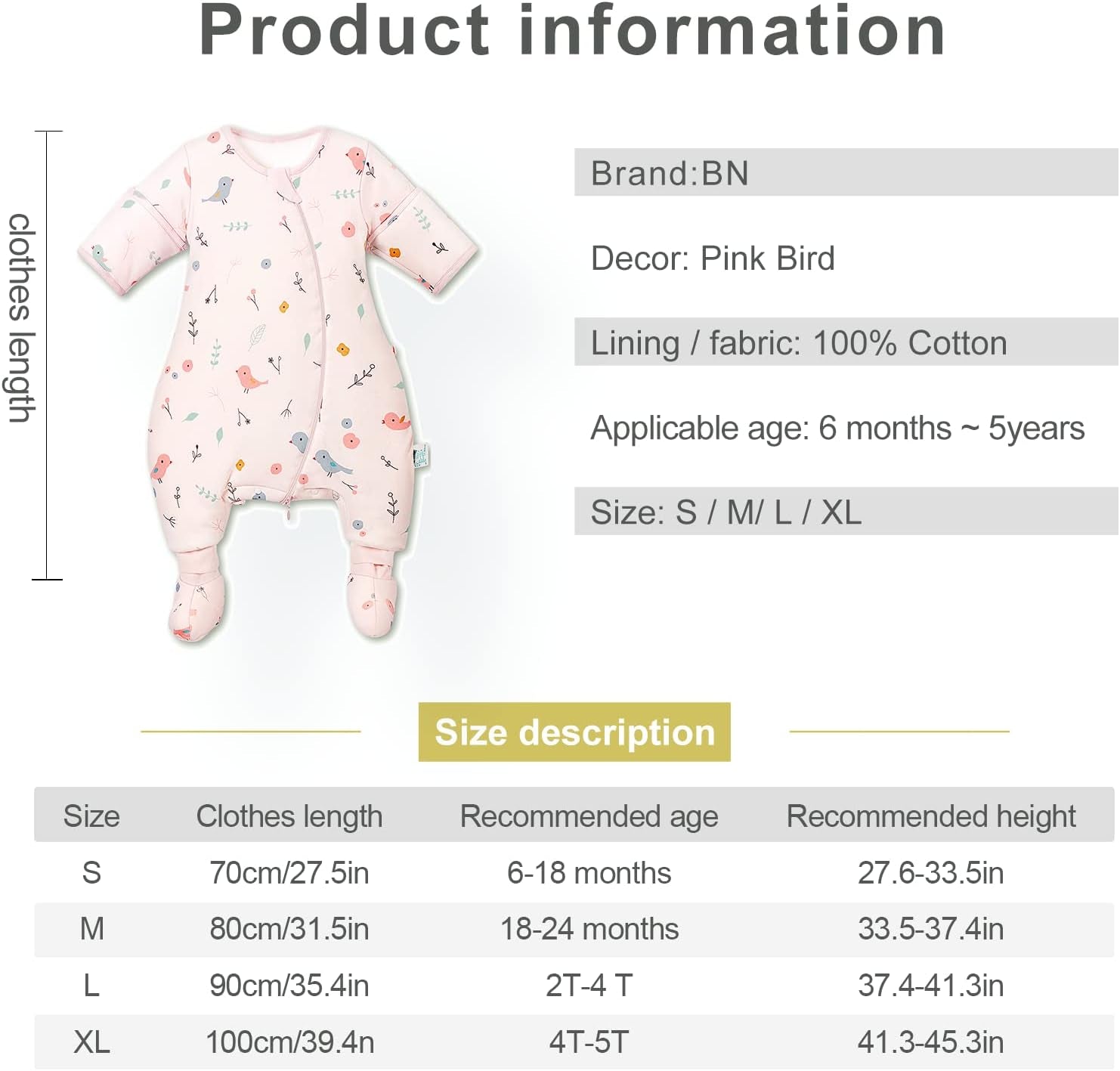 BN Long Sleeve Sleep Sacks for Toddlers 4T-5T, Toddler Sleeping Sack with Feet, Warm Wearable Blanket Baby with 2-Way Zipper (XL, Pink Bird, 1.0Tog)