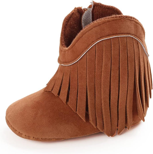 Baby Girls Cowboy Tassel Boots Side Zipper Moccasins Soft Bottom Non-Slip Toddler Shoe