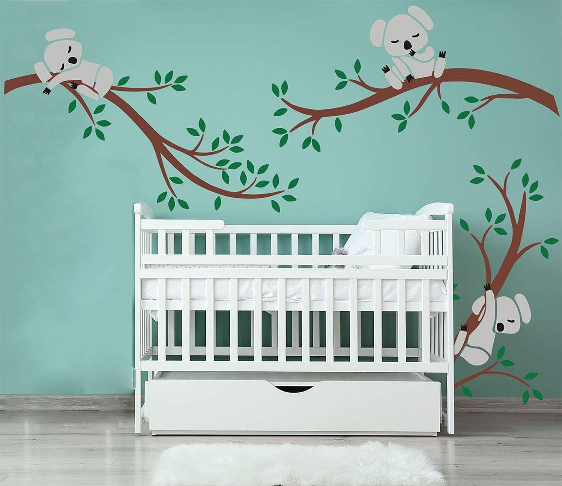 Three Koalas Tree Branches Wall Decal Wall Sticker Baby Nursery Decor Kids Room Decoration (Brown+Green)