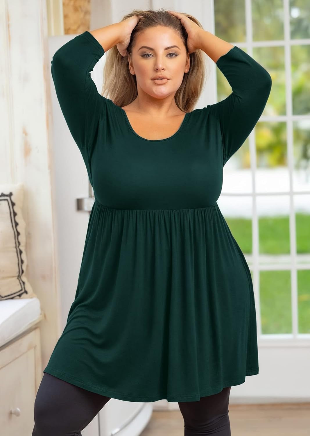 Plus Size Tunic for Women 3/4 Sleeve Dark Green Large Crewneck Tops Christmas Clothing Flowy Blouse Babydoll Summer Fall Winter Maternity Shirts