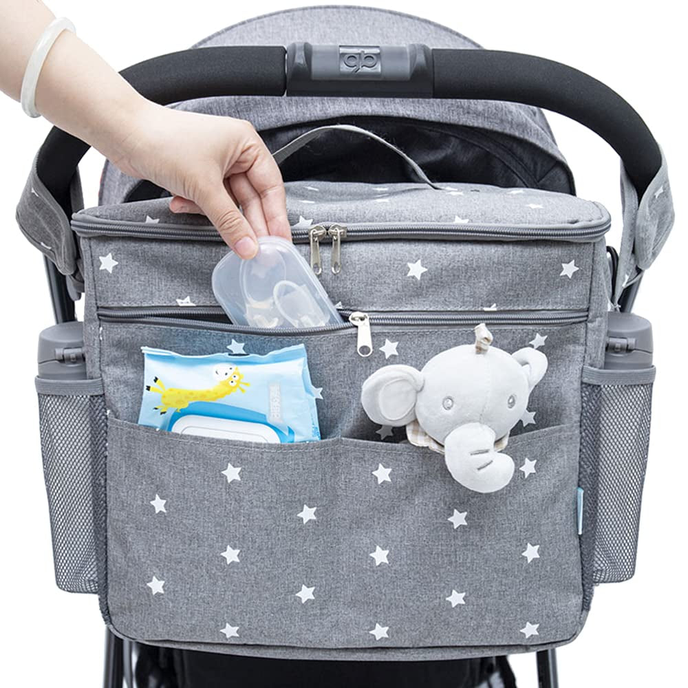 XL Universal Stroller Organizer, Waterproof Large Baby Diaper Bag, Stroller Caddy Organizer with Cup Holder & Shoulder Strap, 4 Ways to Carry-Backpack, Shoulder, Messenger & Mom Handbag, Grey