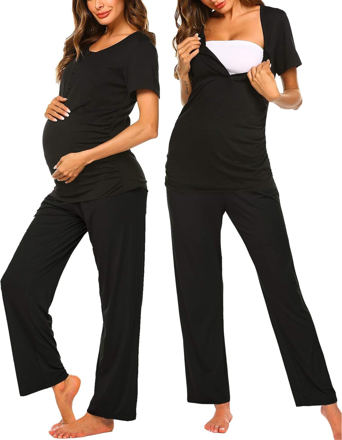 Women'S Maternity Nursing Pajamas Sets Breastfeeding Printed Sleepwear Short Sleeve 2 Pcs Henley Top and Pants Set