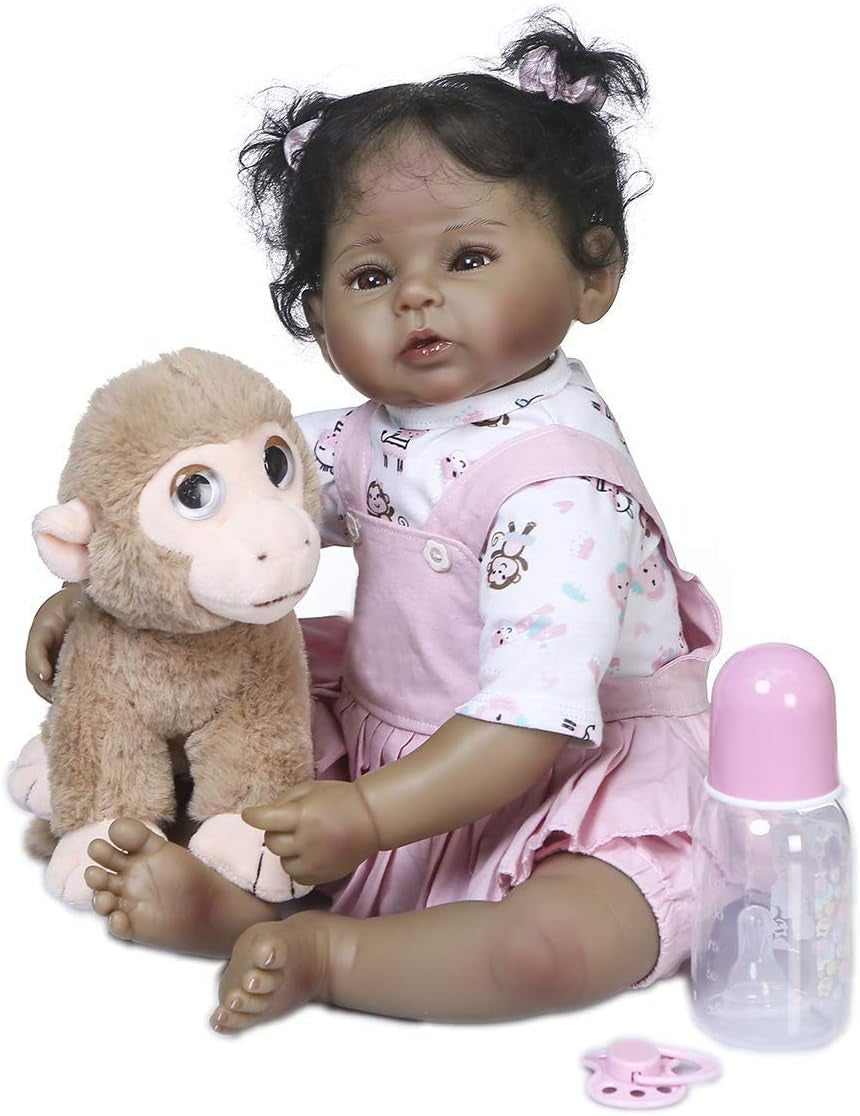 Black Reborn Baby Doll Girl 22 Inch Realistic Reborn Toddlers Dolls Lifelike Newborn Girl Dolls with Monkey Toys Best Gifts for Kids Ages 3+