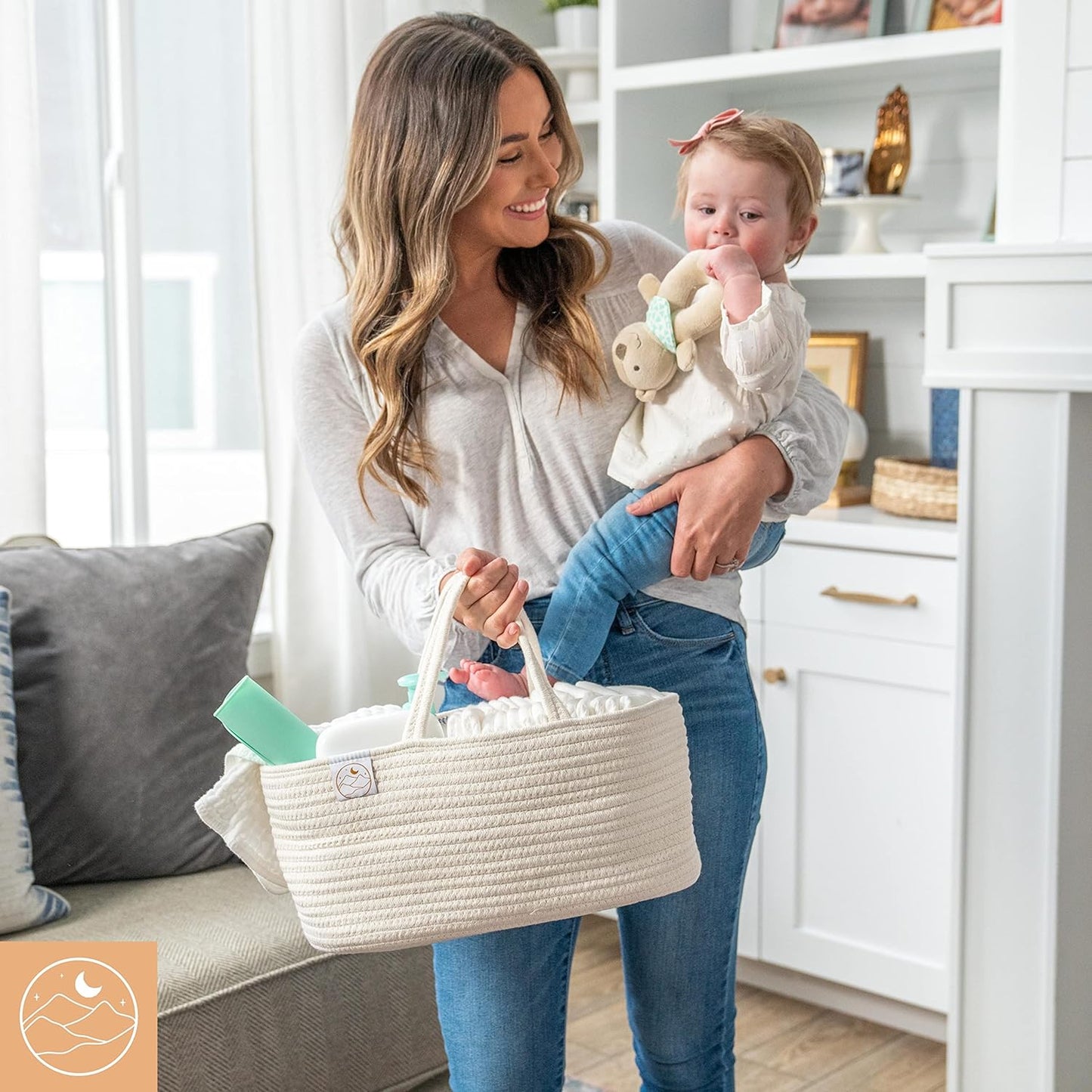 Cotton Rope Diaper Caddy Organizer for Changing Table, Nursery, or Car - Portable Baby Caddy Diaper Basket with Bonus 2 Muslin Burp Cloths - White or Gray, 15X9X7 In.