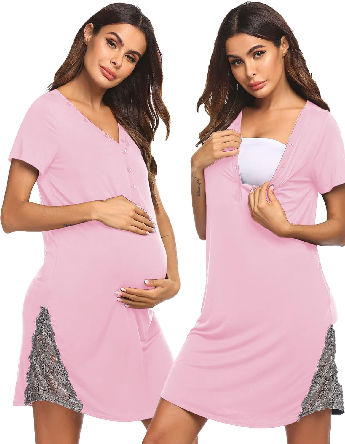 Nursing Maternity Nightgown Women V Neck Delivery Labor Breastfeeding Lace Trim Sleep Dress Pink Large