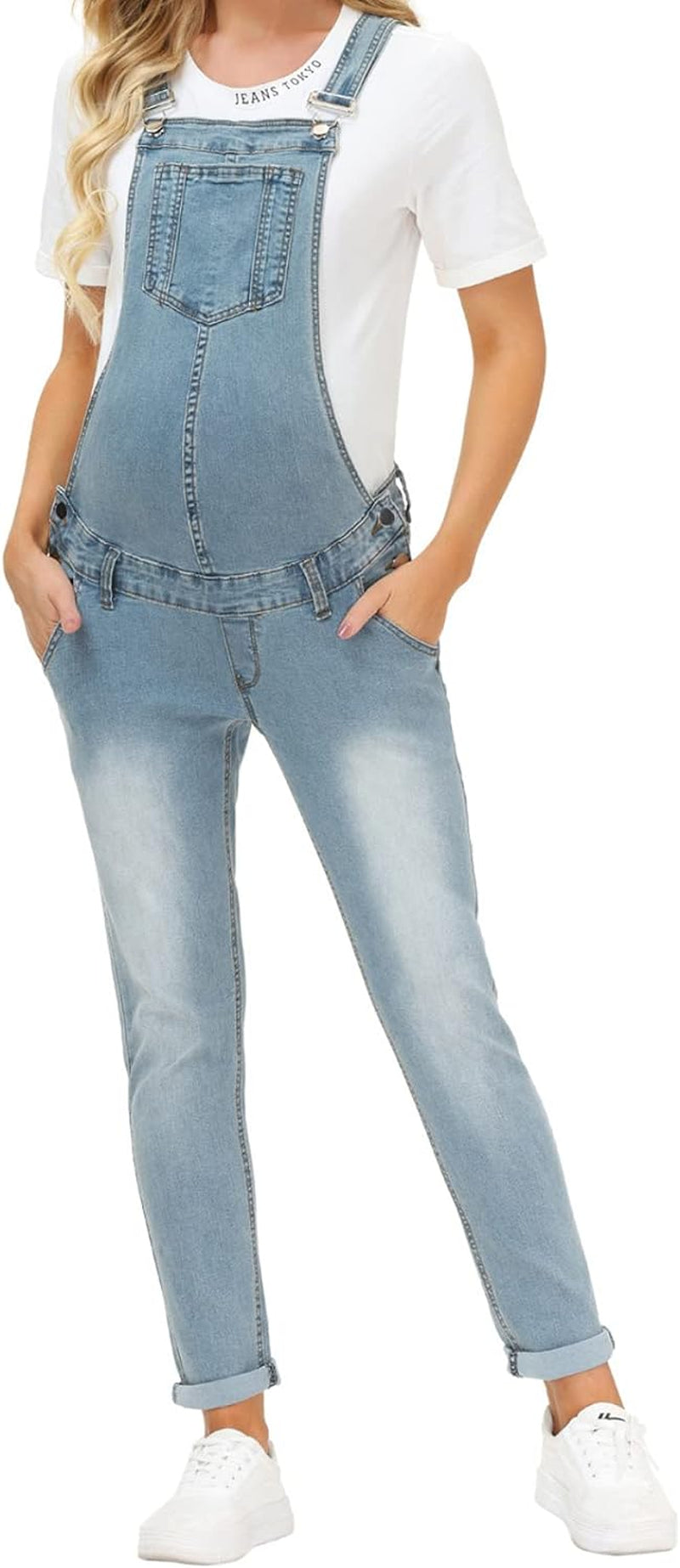 Maternity Denim Overalls Jumpsuits with Pockets for Women Light Blue L