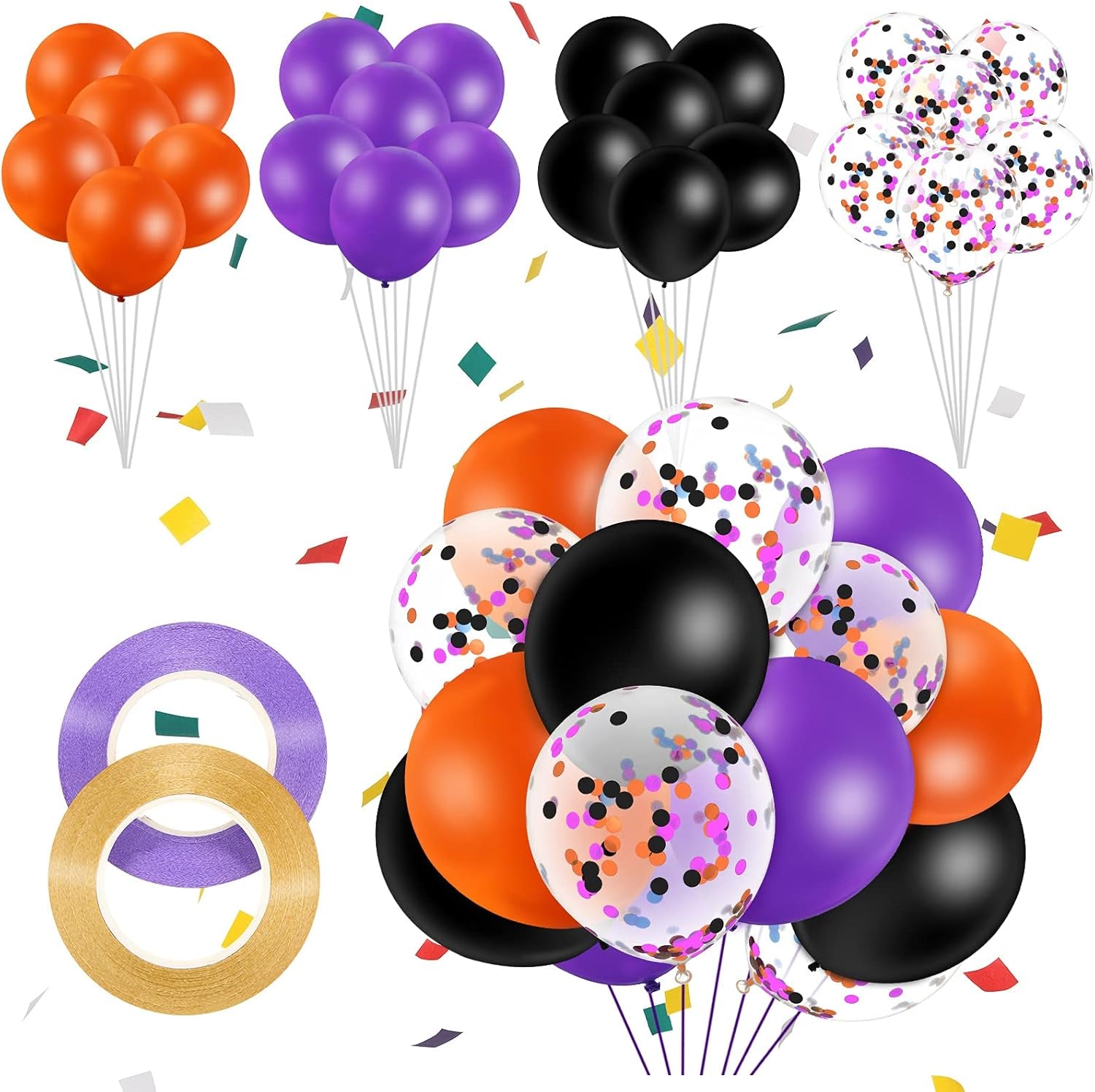 60 PCS 12 Inch Confetti Balloon Latex Balloons with Ribbon for Birthday Decoration Supplies (Orange, Purple, Black)