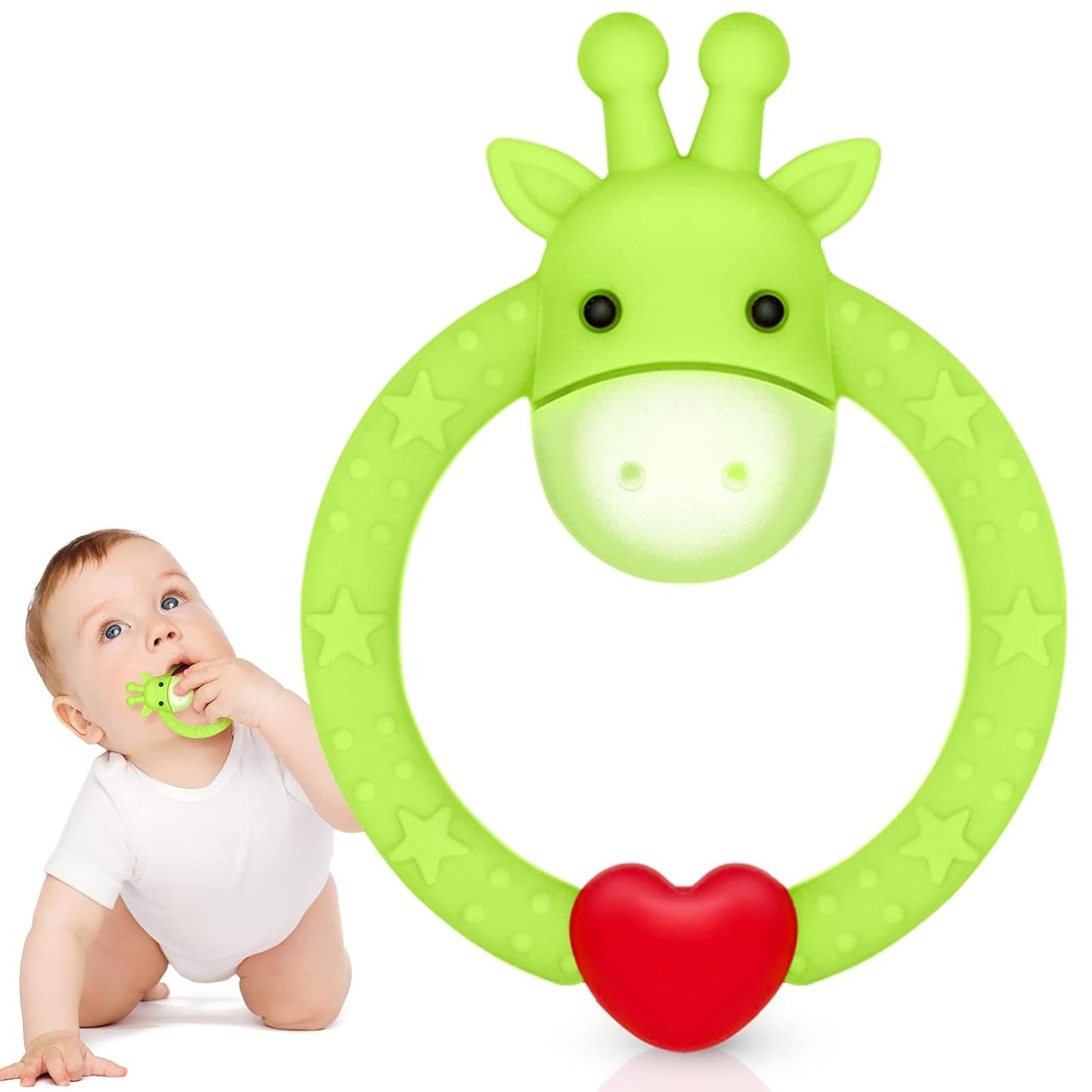 BPA Free 2 Silicone Giraffe Baby Teether Toy with Storage Case, for 3 Months above Infant Sore Gums Pain Relief and Baby Shower, Set of 2 Different Teething Toys (Avocado)