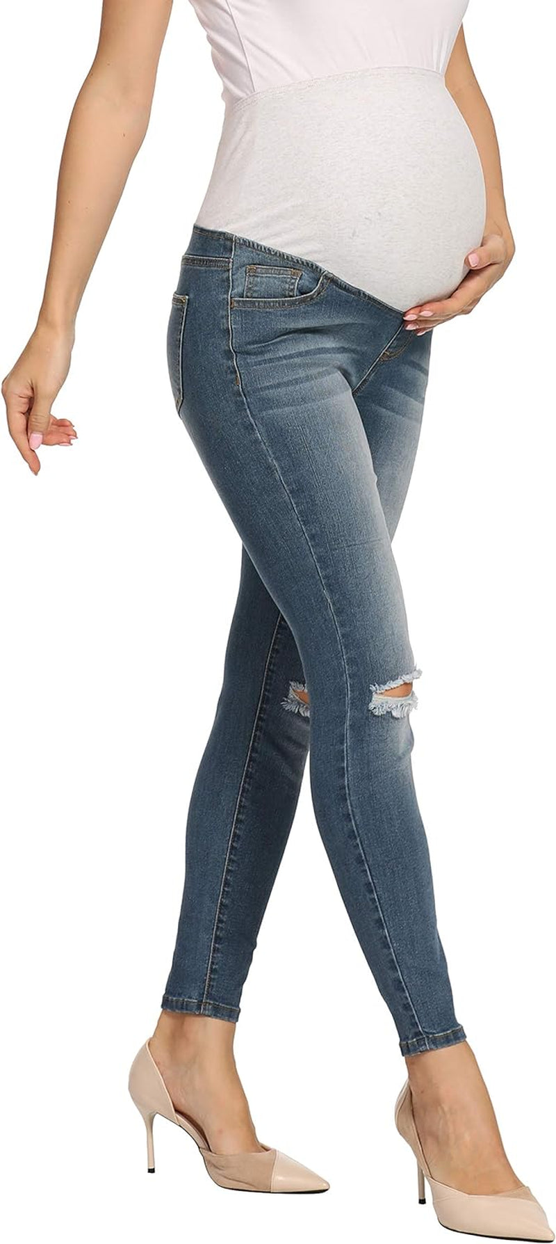 Maternity Overbump Mom Skinny Jeans Ripped Knees Holes Slim Pregnancy Jean Indigo Blue Medium