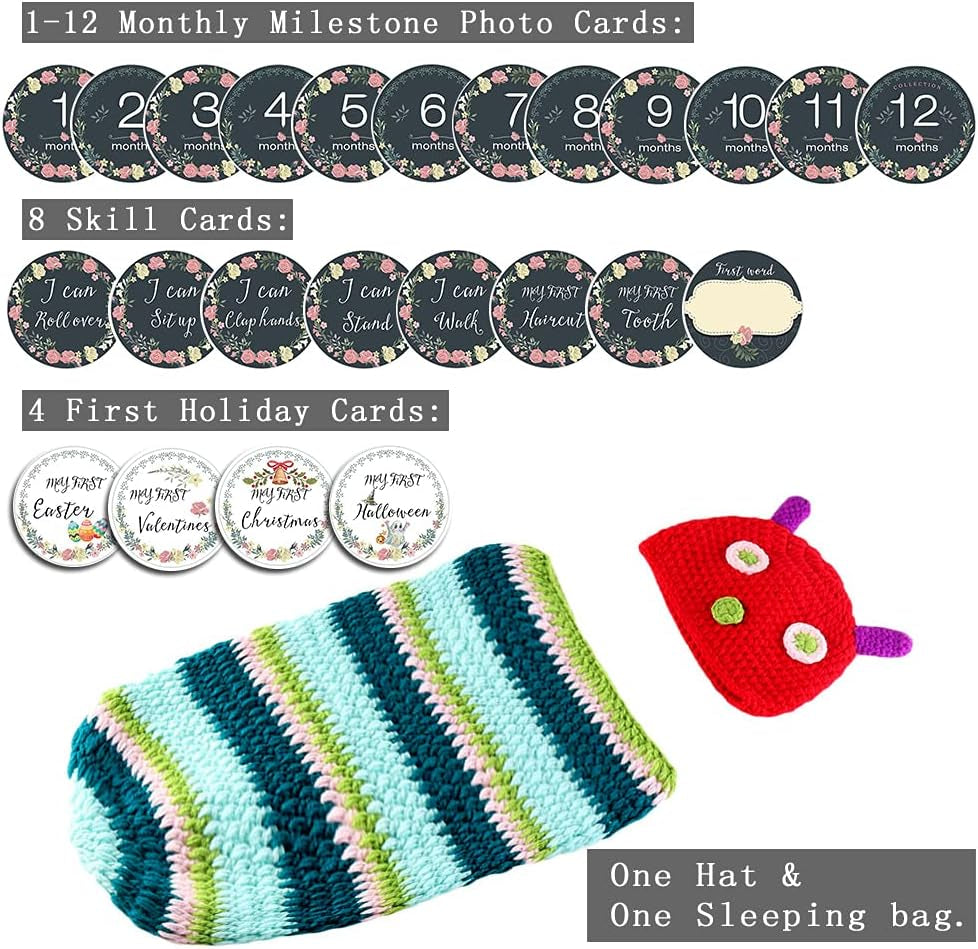 Newborn Photography Props Baby Girl Boy Photo Props for Infant Crochet Caterpillar Outfit Hand Crocheted Hat(0-10 Months) & Newborn Monthly Milestone Photo Cards Stickers (Set of 24)