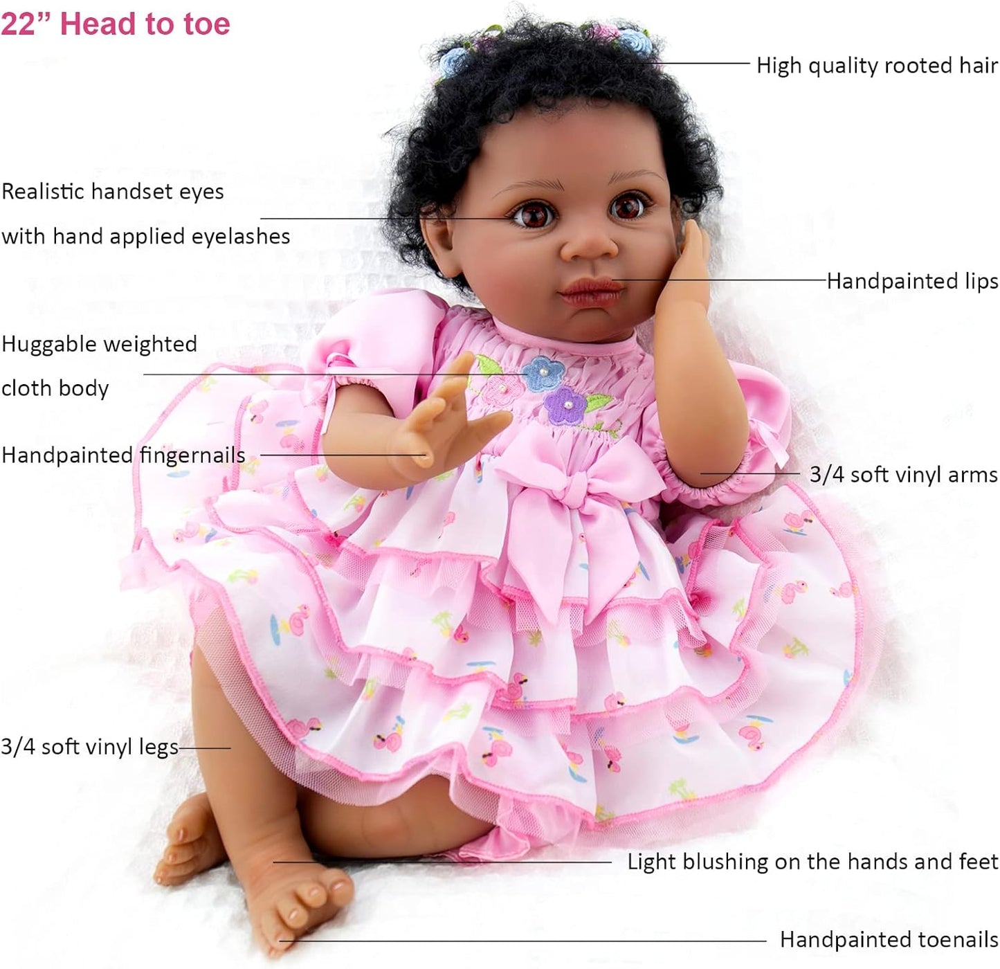 Reborn Baby Dolls Black 22 Inch Biracial Lifelike Black Americans Reborn Girl Dolls with Pink Dress Flamingo Gift Set and Doll Accessories