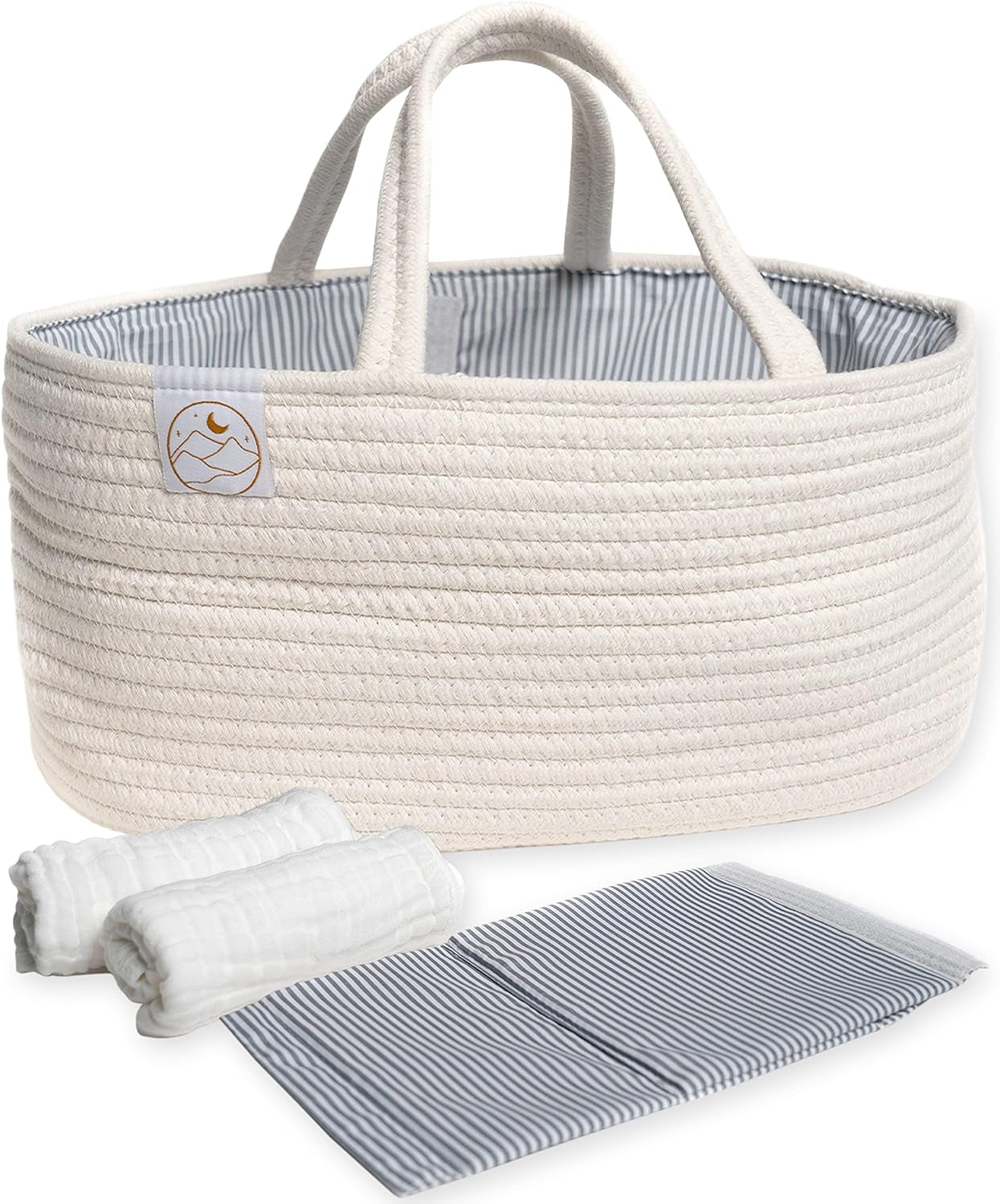 Cotton Rope Diaper Caddy Organizer for Changing Table, Nursery, or Car - Portable Baby Caddy Diaper Basket with Bonus 2 Muslin Burp Cloths - White or Gray, 15X9X7 In.