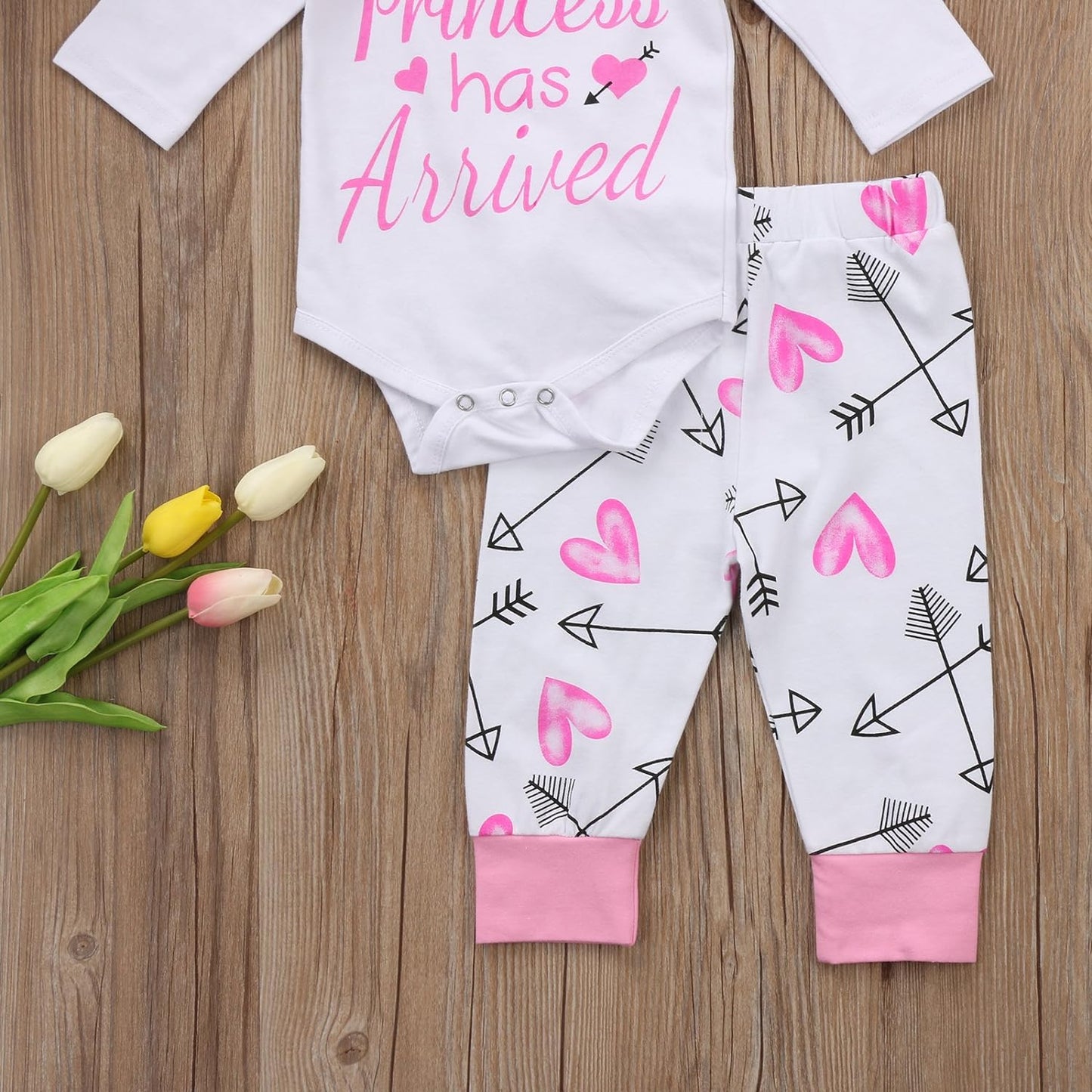 4 Pcs Baby Girls Pants Set Newborn Infant Toddler Letter Romper Arrow Heart Pants Hats Headband Clothes Pink