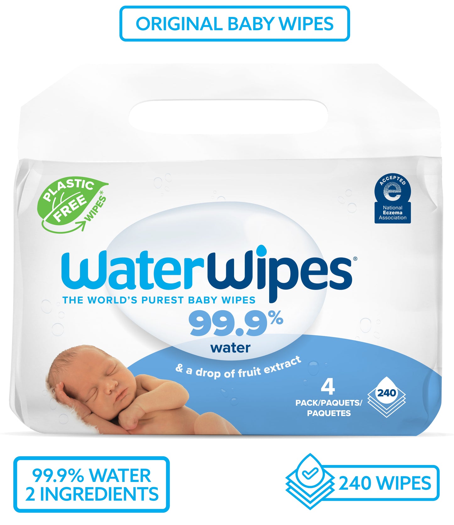 Original 99.9% Water Based Baby Wipes, Unscented, 4 Resealable Packs (240 Wipes) (Select for More Options)