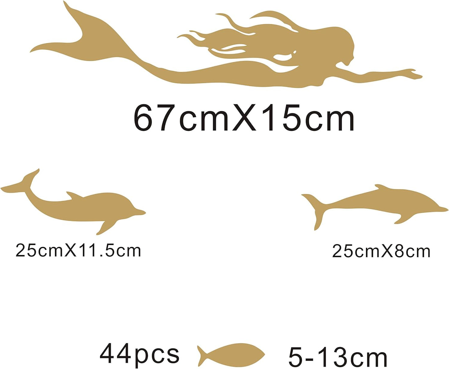 Mermaid Wall Decals, Fish Wall Stickers, Nautical Sea Ocean Dolphin Decal, Vinyl Sticker for Bathroom, Nursery Decor, Home Decor Art Mural A56 (Gold)