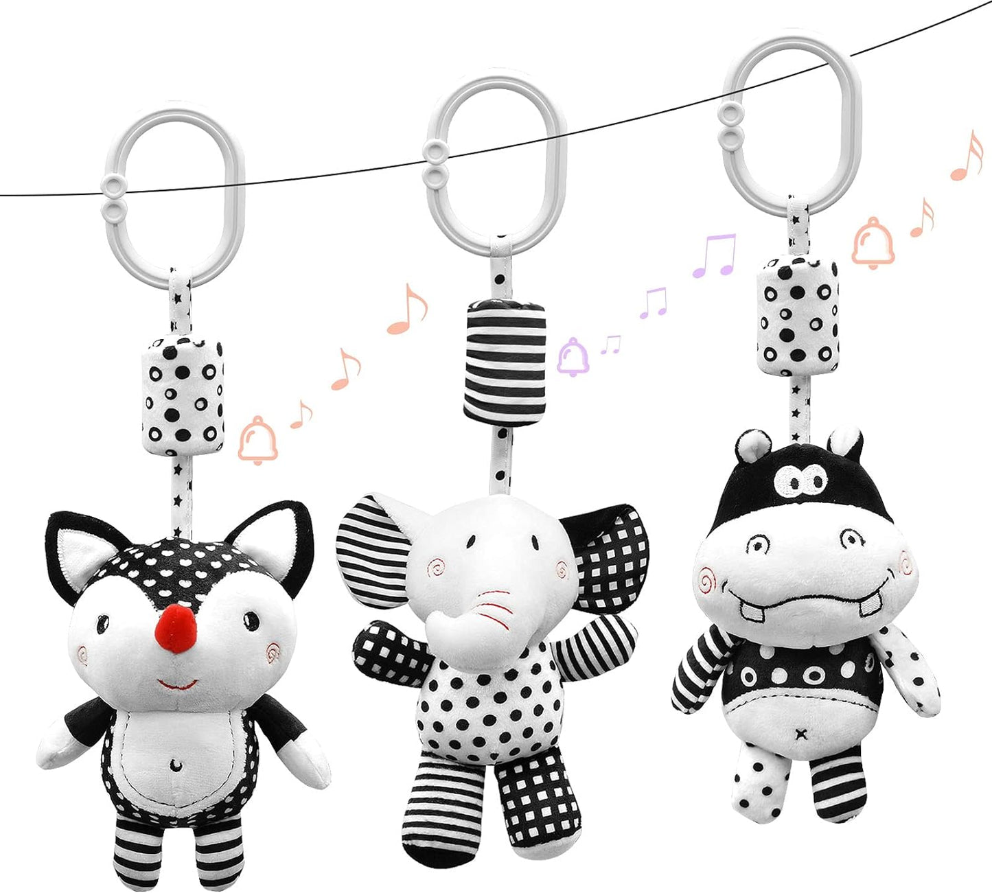 Hanging Rattles Toys White & Black Stroller Toy, Newborn Toys Infant Toys Crib Toys, Soft Plush for Stroller Car Seat Crib with Wind Chimes, Best Baby Gift for 0,3,6,9,12,18 Months