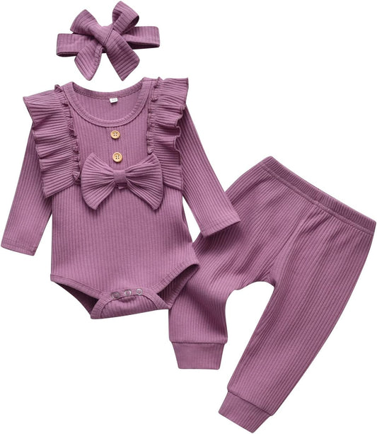 Newborn Infant Baby Girl Clothes Solid Color Ribbed Long Sleeve Romper Pants Headband Outfits Set