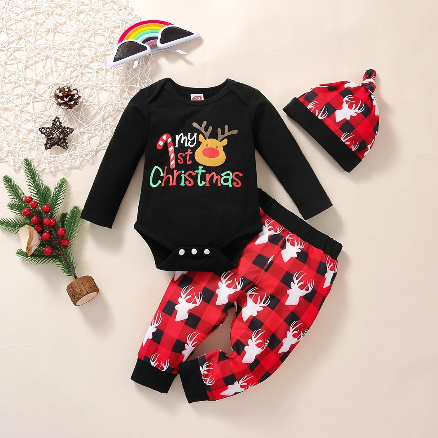 Newborn Baby Girl Boys Christmas Clothes Set Deer Printing Rompers+Long Plaid Pants+Hat Cute Infant Outfits (Christmas Baby Clothes Set B,0-3 Months)