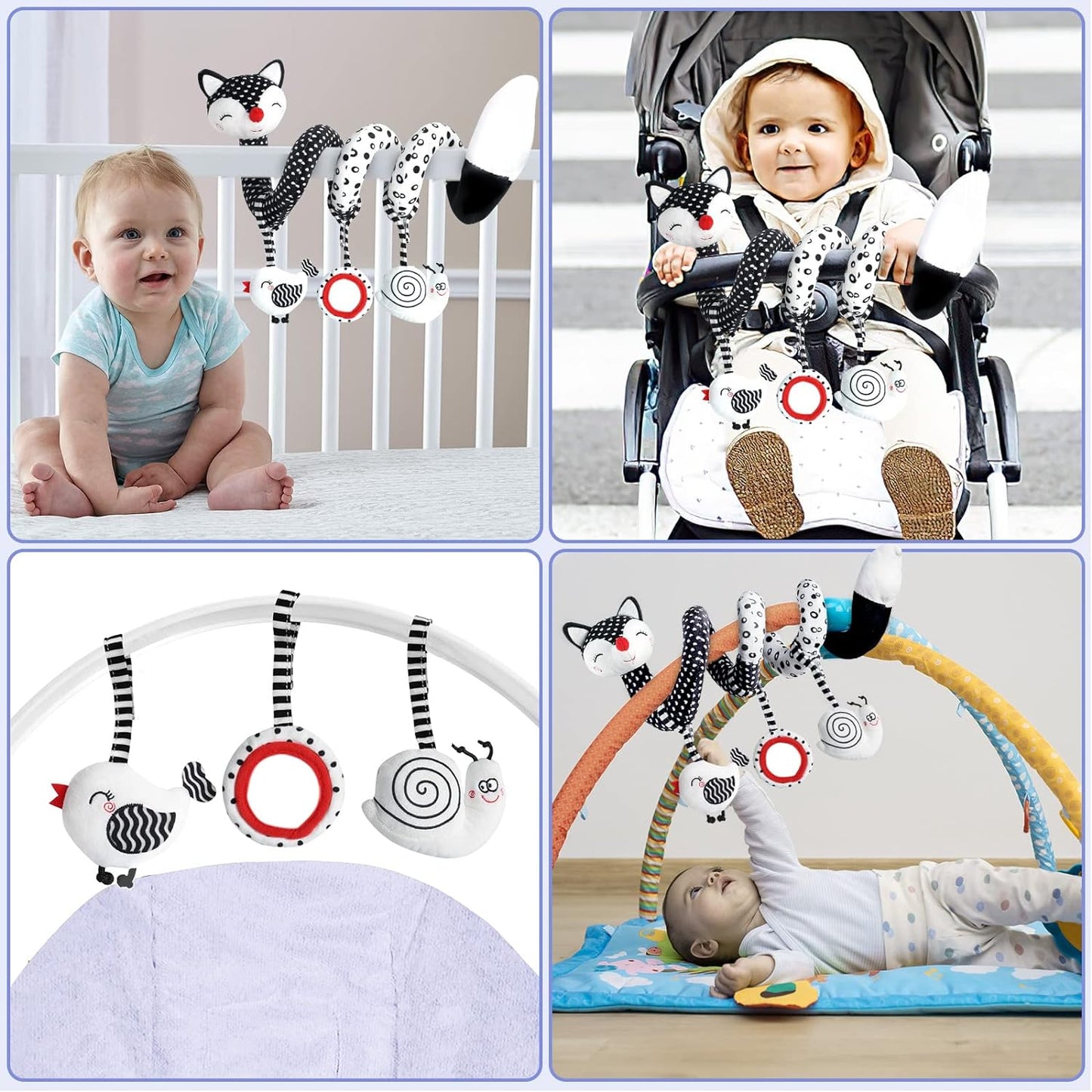 Euyecety Baby Spiral Plush Toys, Black White Stroller Toy Stretch & Spiral Activity Toy Car Seat Toys, Hanging Rattle Toys for Crib Mobile, Newborn Sensory Toy Best Gift for 0 3 6 9 12 Months Baby-Fox