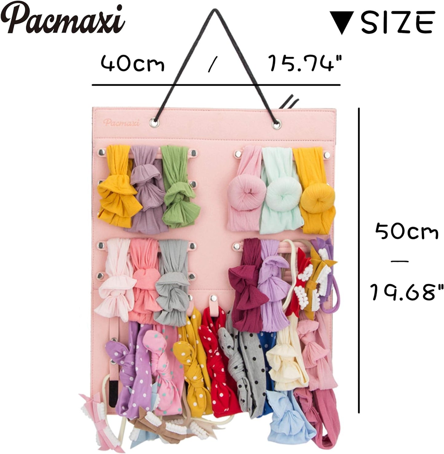 Hanging Baby Girl Headbands Storage Organizer, Newborn Headbands and Bows Holder(10 Snap Band+18 Snaps,Pink)