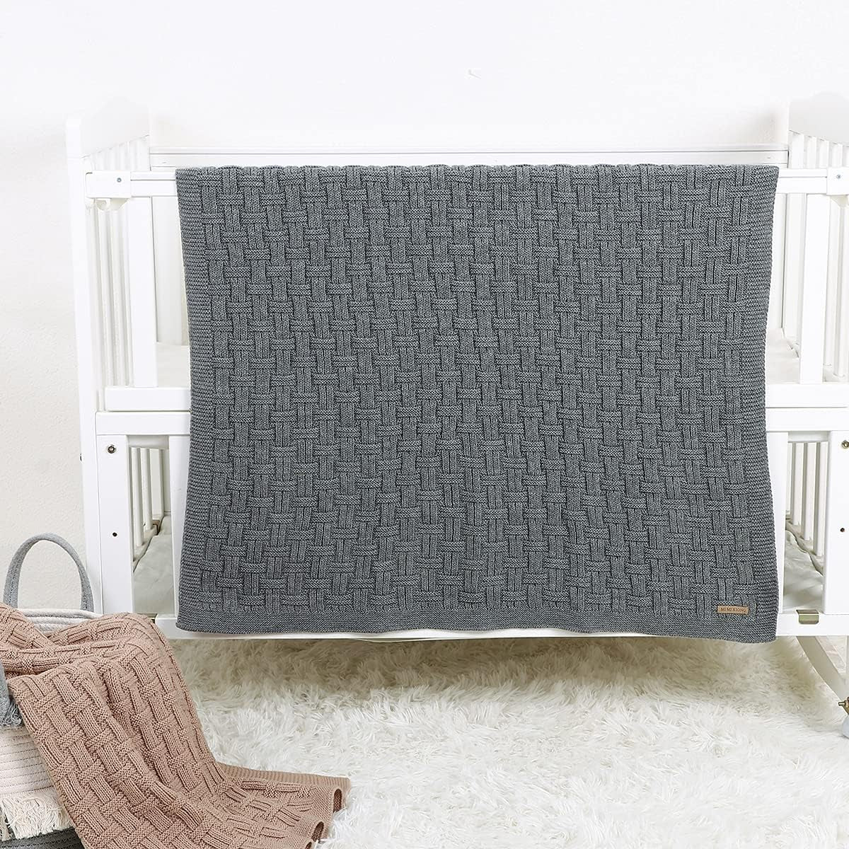 Crochet Grey Baby Blankets Knit Baby Blankets Waffle Weave Celluar Newborn Cable Knit Blanket for Boys Knitted Toddler Baby Blanket Size 40X30 Inches