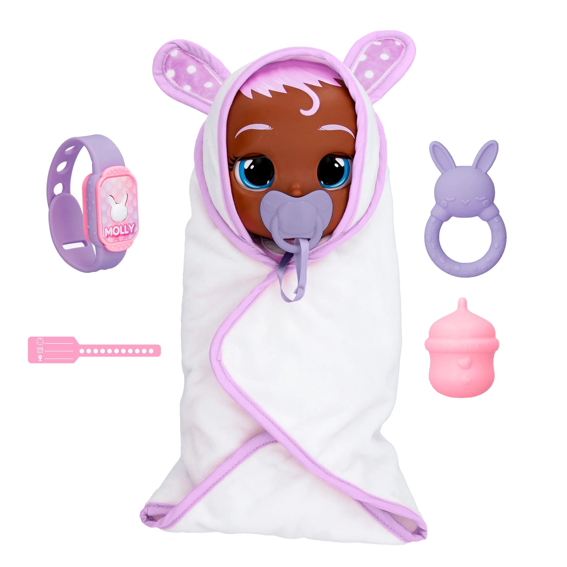 Newborn Molly Interactive Baby Doll with 20+ Baby Sounds and Interactive Bracelet - Kids Ages 18 Months and Up