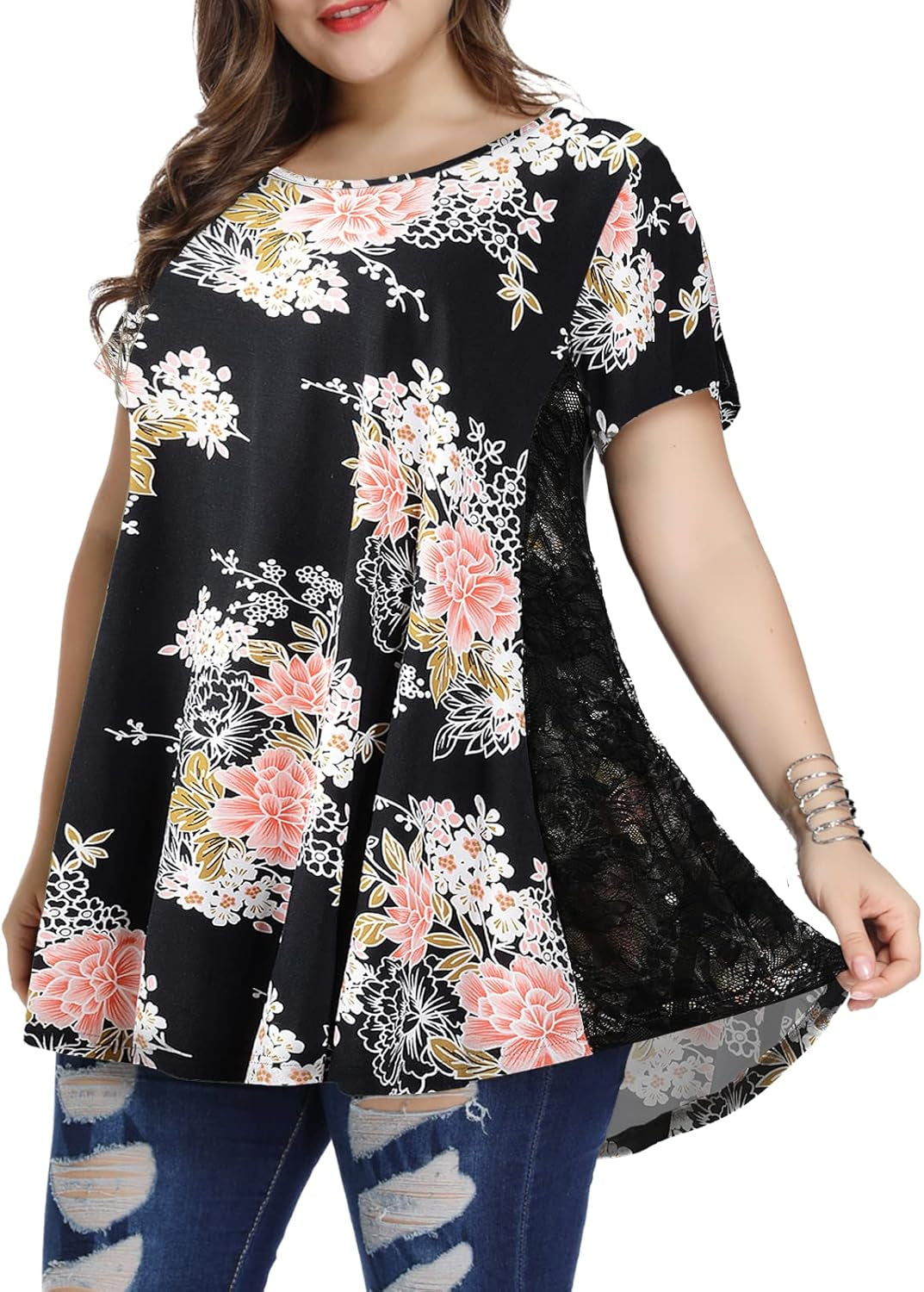 Short Sleeve Shirt for Womens Summer Clothes Lace Tunic Tops to Wear with Leggings Casual plus Size Blouses