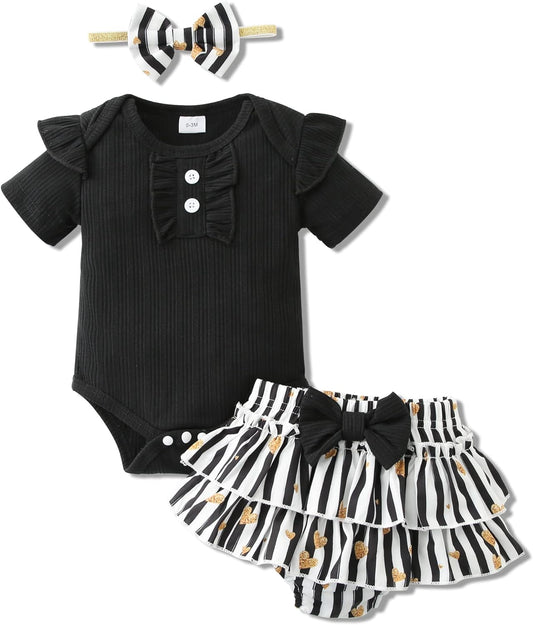 Baby Girl Clothes Newborn Girl Outfits, Infant Ruffle Sleeve Romper+ Floral Shorts+ Cute Headband 3PCS Cotton Baby Summer Clothing Set(Black,3-6M)