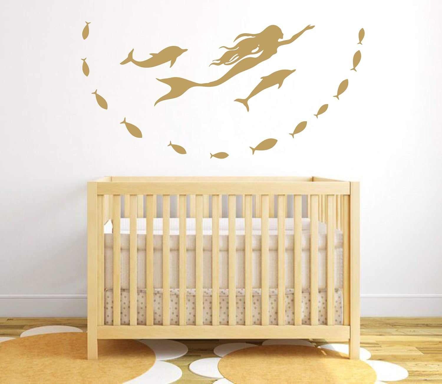 Mermaid Wall Decals, Fish Wall Stickers, Nautical Sea Ocean Dolphin Decal, Vinyl Sticker for Bathroom, Nursery Decor, Home Decor Art Mural A56 (Gold)