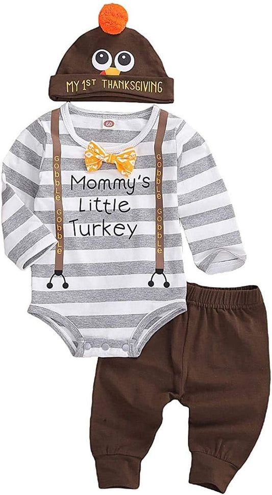 Newborn Baby Boy Girl Thanksgiving Outfit Long Sleeve Striped Romper Pants Hat Little Turkey 3Pcs Clothes Set