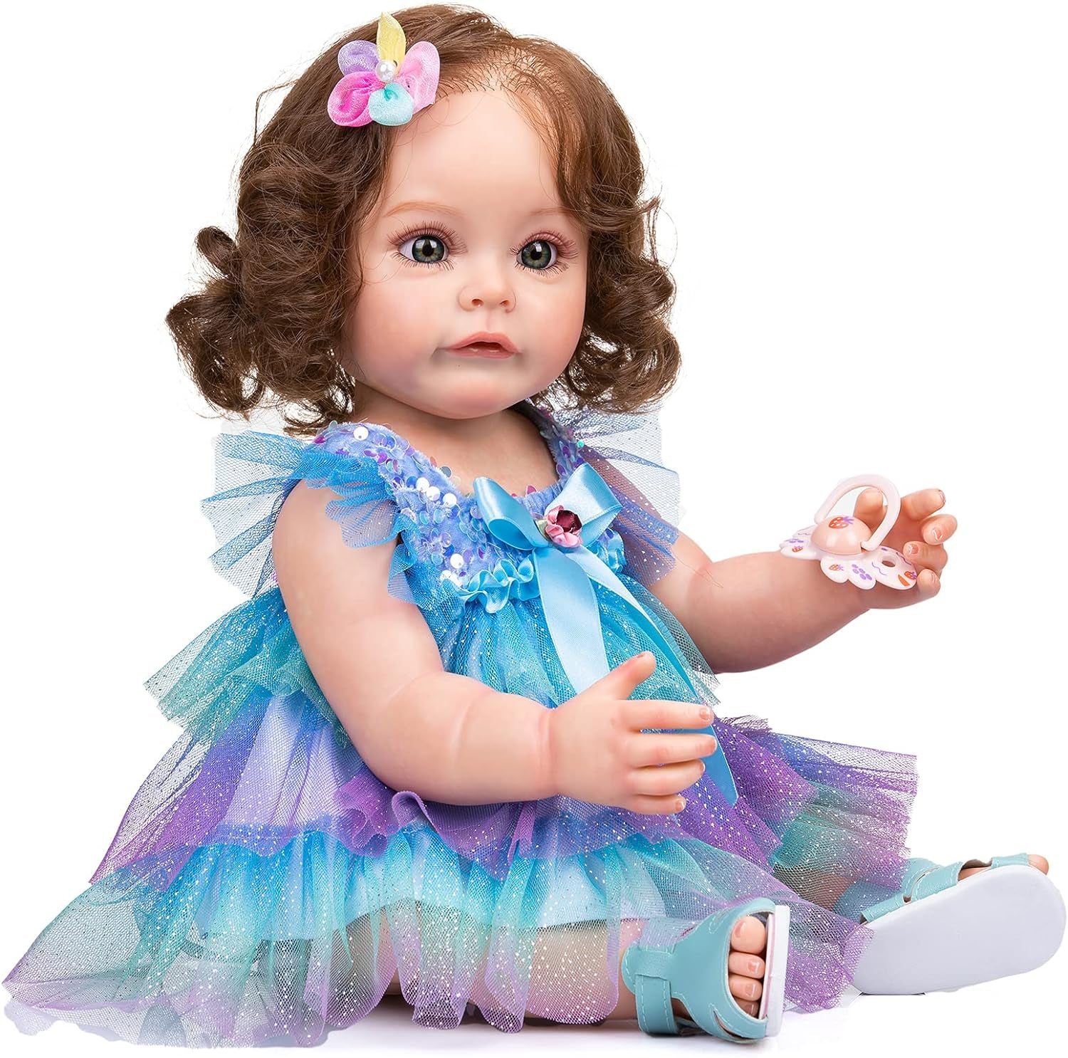 Reborn Realistic Baby Dolls Silicone Full Body 22 Inch Newborn Girl Doll Beautiful Reborn Toddler with Brown Hair Real Life Weighted Waterproof Doll Toys (Blue/Green)