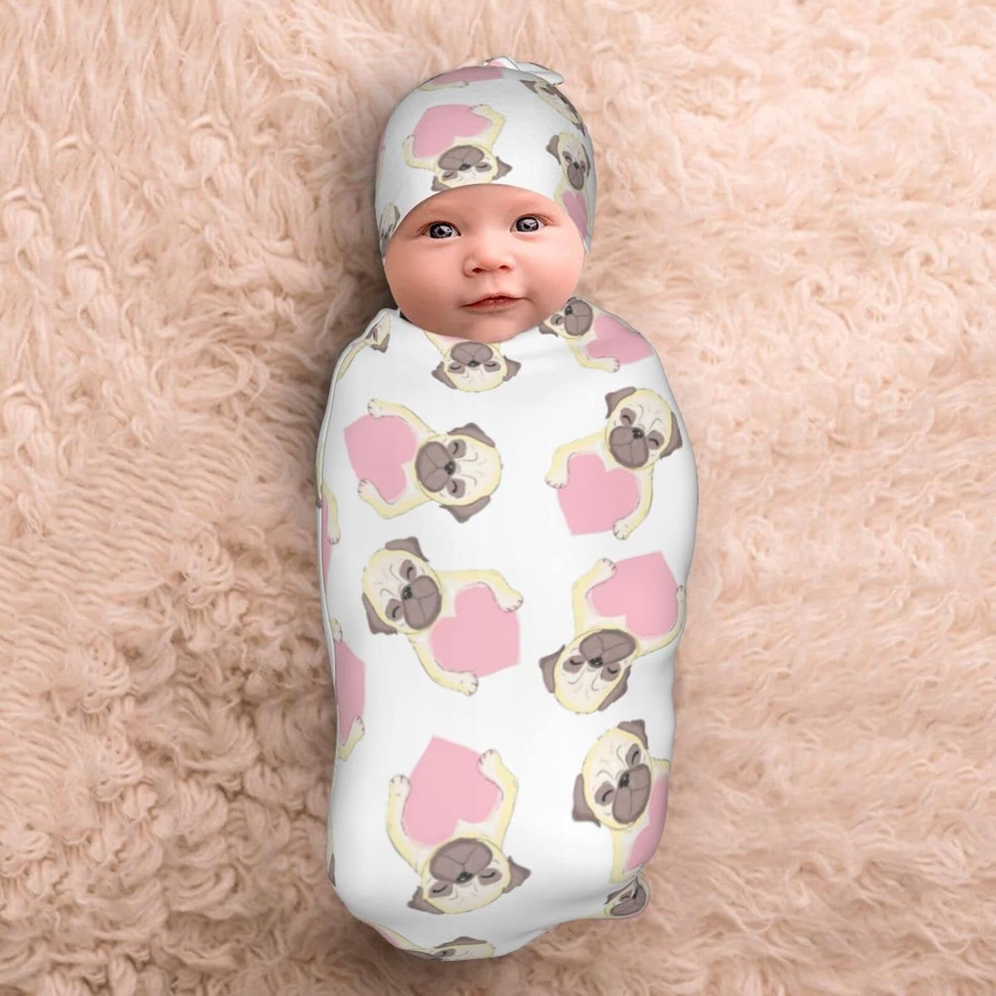 Pink Pug Baby Stuff Newborn Swaddle Blanket Baby Swaddle Blankets Wrap Receiving Blanket Pug Gifts for Pug Lovers with Beanie Hat for Boy Girl