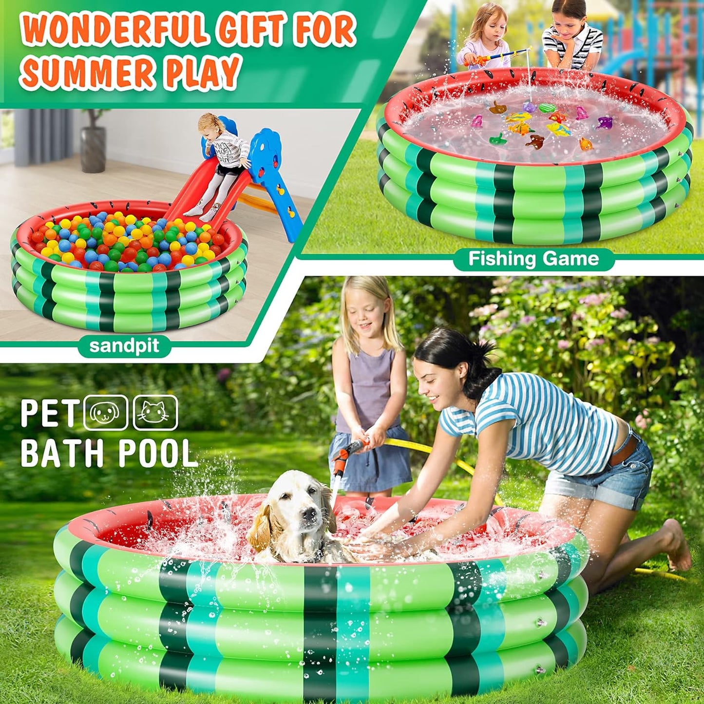 Inflatable Kiddie Pool for Toddlers (49’’X12’’) - Small Blow up Pool for Kids - 3 Rings Watermelon Toddler Swimming Pool - Baby Inflatable Pool