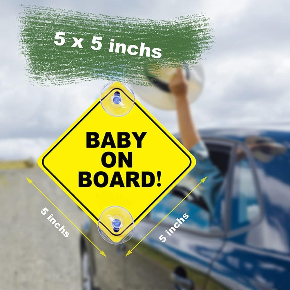 3PCS Baby on Board Signs with Suction Cups, 5"X5" Reusable Baby Safety Warning Decal for Car Windows (2 Suction Cups)