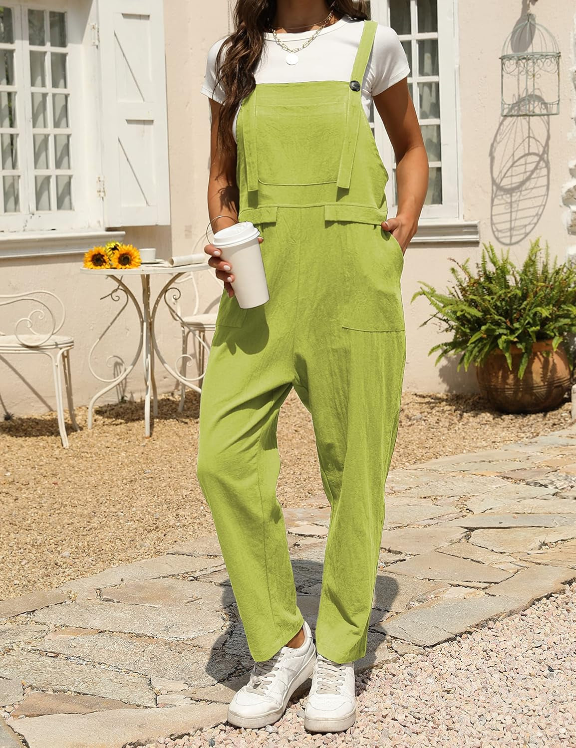 Women'S Loose Baggy Linen Cotton Summer Overalls Jumpsuits Harem Pants(Lightgreen-L)