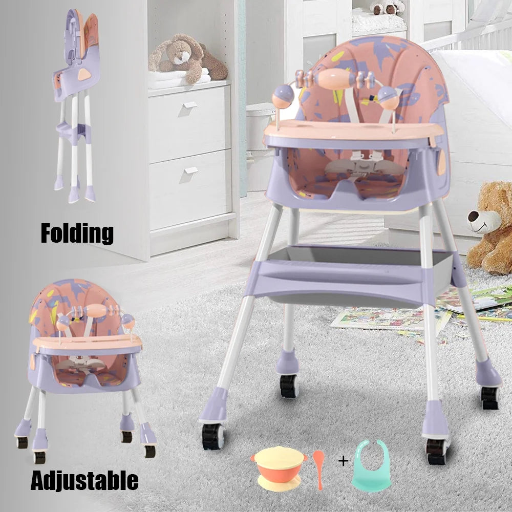 4-In-1 Baby High Chair Portable Baby Dining Chairs Eat & Play Convertible High Chair with Five-Point Snap Button, Double-Layer Dinner Plate and Toy Rack, Purple