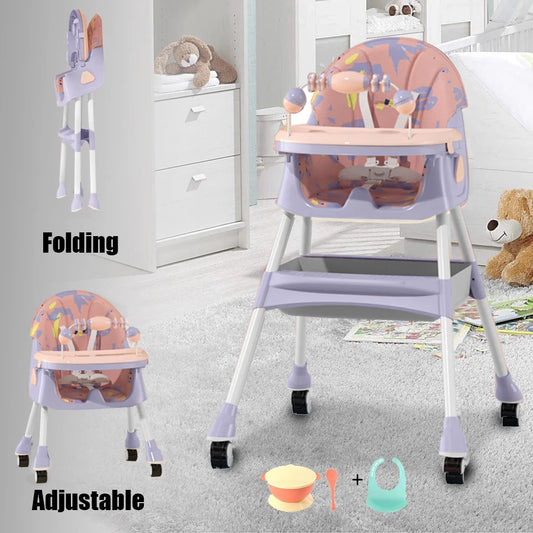 4-In-1 Baby High Chair Portable Baby Dining Chairs Eat & Play Convertible High Chair with Five-Point Snap Button, Double-Layer Dinner Plate and Toy Rack, Purple