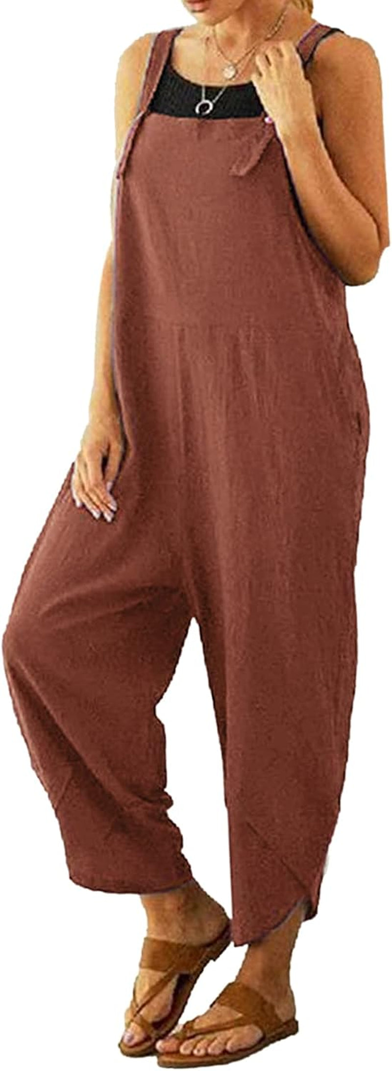 Women'S Loose Baggy Wide Leg Cotton Linen Overalls Jumpsuit Harem Pants with Pockets Red Large