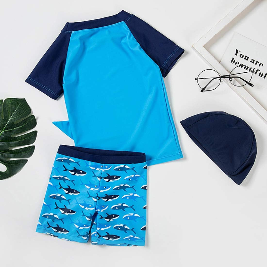 Baby Toddler Boys Two Pieces Swimsuit Set Shark Bathing Suit Rash Guards Swimwear with Hat UPF 50+