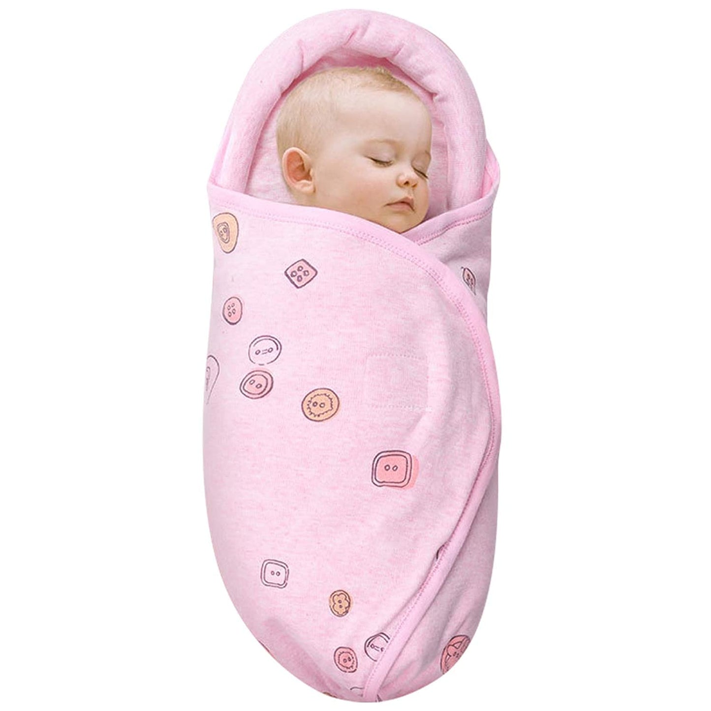 Swaddle Blankets, Unisex Infant Wrap for Newborn Baby Boys Girls with Head-Protecting & Head-Supporting Function, Made of Combed Cotton (Button, Pink, 0-3 Months)