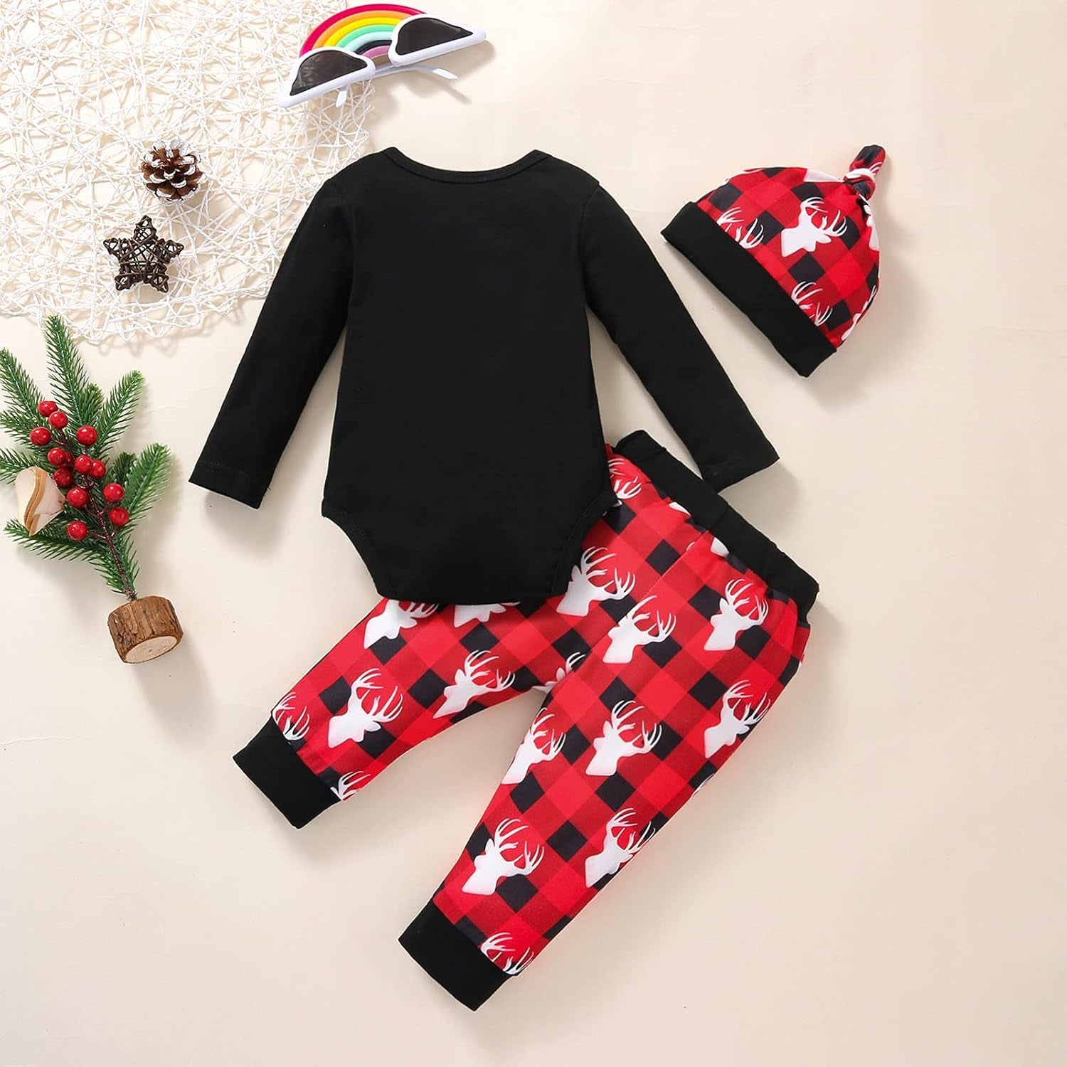 Newborn Baby Girl Boys Christmas Clothes Set Deer Printing Rompers+Long Plaid Pants+Hat Cute Infant Outfits (Christmas Baby Clothes Set B,0-3 Months)