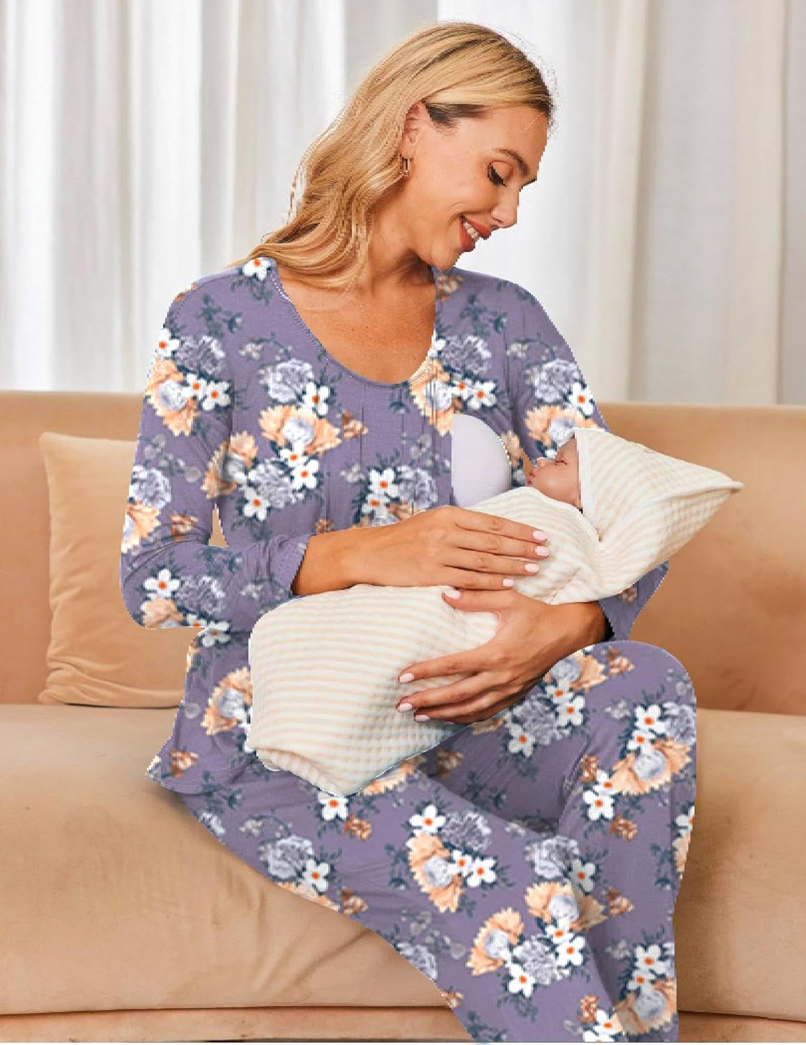 Women'S Maternity Nursing Pajamas Set with Pocket Long Sleeve Soft Pregnancy Breastfeeding Pj Set Floral Printed Purple XXL