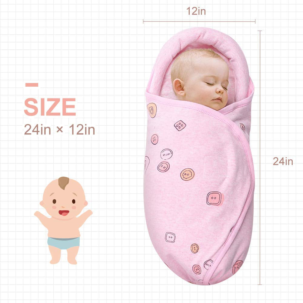 Swaddle Blankets, Unisex Infant Wrap for Newborn Baby Boys Girls with Head-Protecting & Head-Supporting Function, Made of Combed Cotton (Button, Pink, 0-3 Months)