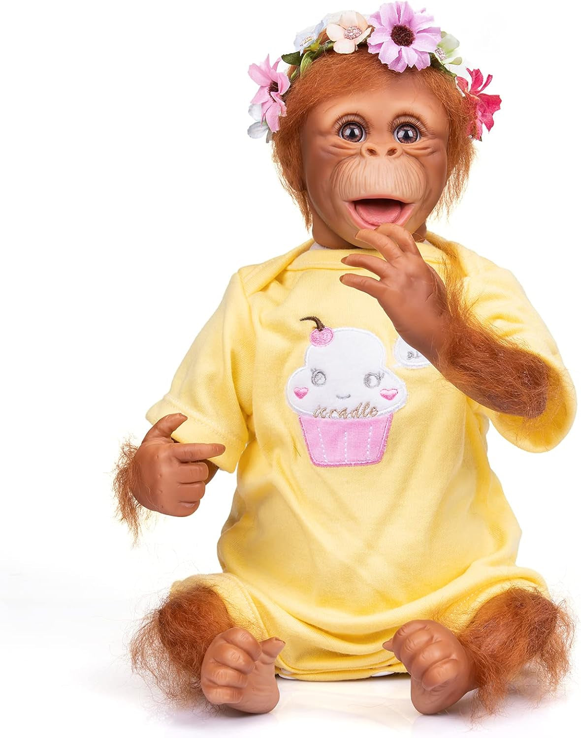 18Inch Realistic Reborn Monkey Dolls Soft Silicone Vinyl Weighted Body Real Hair Apes Nature Orangutan Babies Detailed Painting Premie Size Collectible Art (Open Mouth)