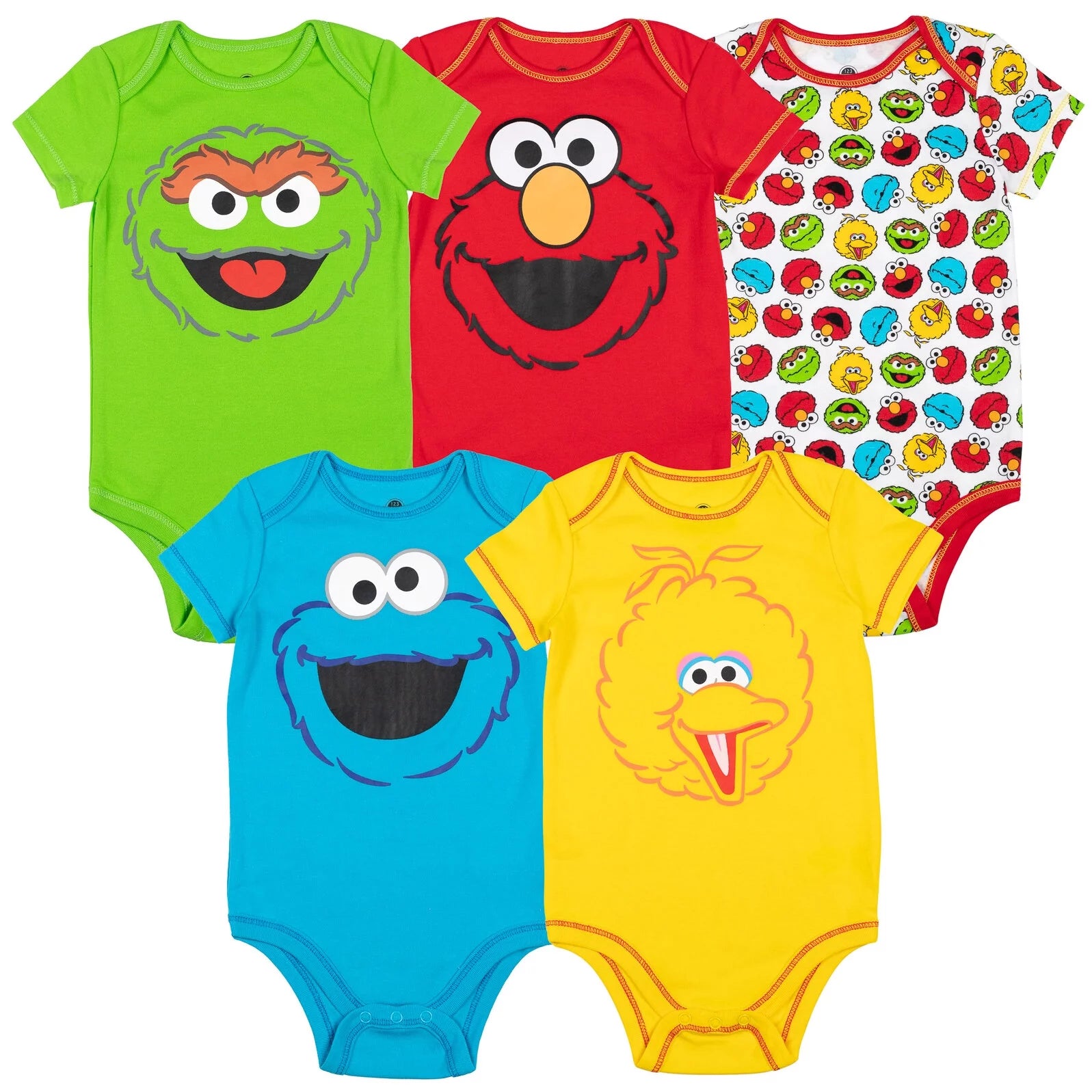 Elmo Cookie Monster Big Bird Newborn Baby Boys 5 Pack Bodysuits Newborn to Infant