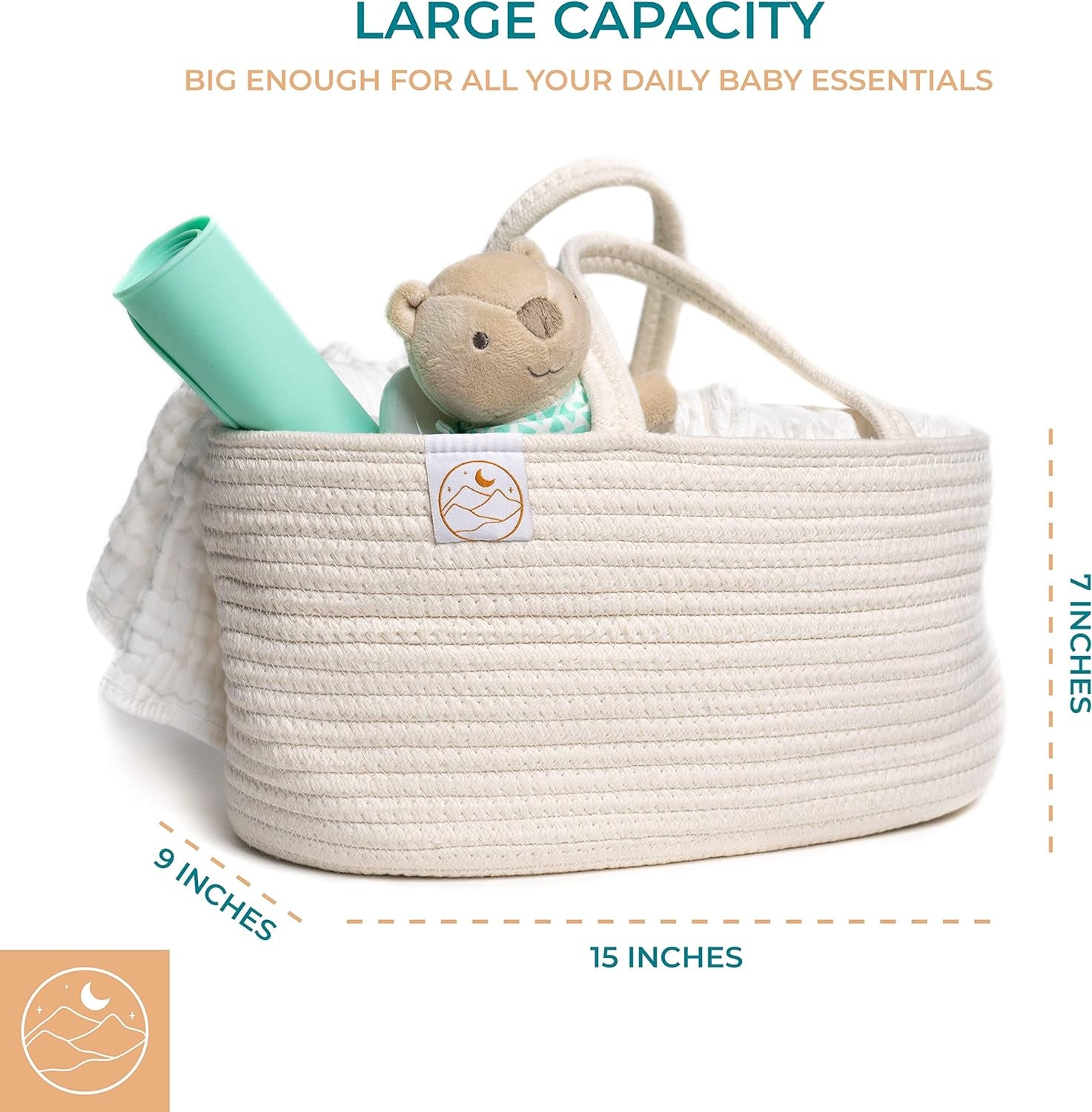 Cotton Rope Diaper Caddy Organizer for Changing Table, Nursery, or Car - Portable Baby Caddy Diaper Basket with Bonus 2 Muslin Burp Cloths - White or Gray, 15X9X7 In.