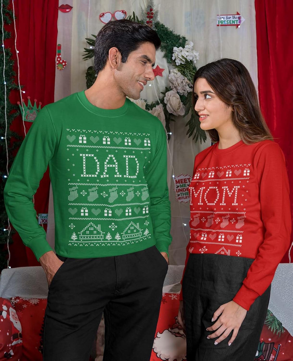 Mom & Dad Matching Ugly Christmas Sweatshirts Matching Couple Set Outfit